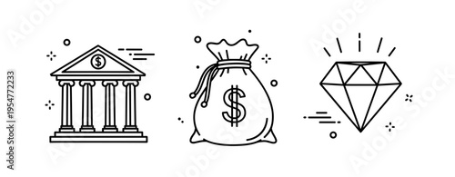 Black and white icons of banking, money bag, and diamond