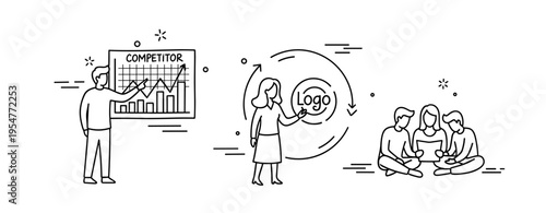 Business strategy: competitor analysis and team collaboration illustration