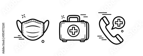 Protective mask, first aid kit, and medical consultation icons