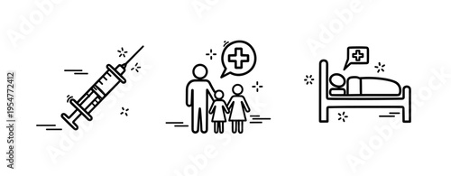 Healthcare icons: vaccination, family health, and patient care symbols in line art