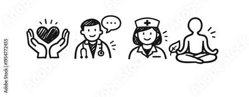 Healthcare and wellbeing icons: heart, doctor, nurse, meditation