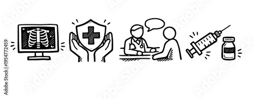 Healthcare icons: x-ray, insurance, consultation, vaccination in black and white