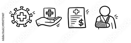 Healthcare icons: virus, insurance, invoice, injured person