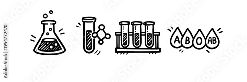Simple hand-drawn science icons featuring beaker, test tubes, and blood types