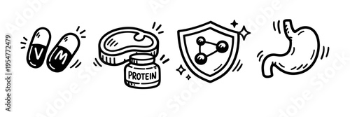 Nutrition and health symbols: vitamins, protein, molecular structure, stomach
