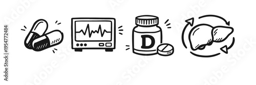 Medical icons: pills, monitor, vitamin d, liver health