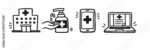Healthcare icons: hospital, hand sanitizer, mobile health app, laptop with medical records