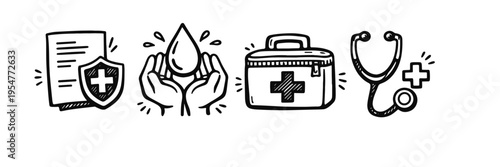 Healthcare symbols: insurance, hygiene, first aid, and medical care icons