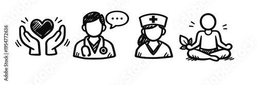Healthcare icons: heart, doctor, nurse, meditation