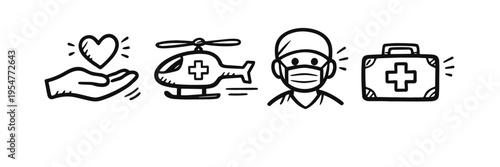 Healthcare icons: heart, helicopter, medical professional, first aid kit
