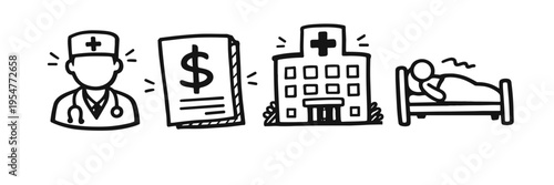 Health insurance costs and hospital stays illustrated with doctor and patient icons