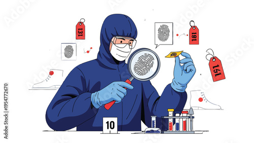 Forensic Investigator at Work: A forensic investigator, clad in protective gear, meticulously examines a fingerprint using a magnifying glass. The scene is a controlled environment.
