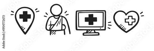 Healthcare icons set featuring medical location, injured figure, computer, and heart symbols