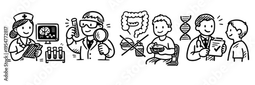 Healthcare professionals and patients discussing medical exam results and digestive health