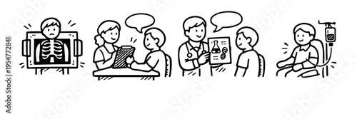 Illustrative medical process with male doctors and patients in various healthcare scenarios