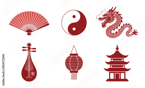 Traditional Chinese cultural icons collection, festive red elements featuring fan, dragon, lantern, pagoda, and musical instrument, vector illustrations for holiday, festival, and cultural celebration