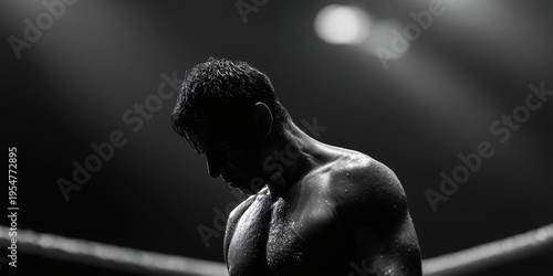 A boxer, in a black and white image, is looking down with a sense of dejection. He has sweat on his skin. A spotlight is highlighting the boxer in the boxing ring.