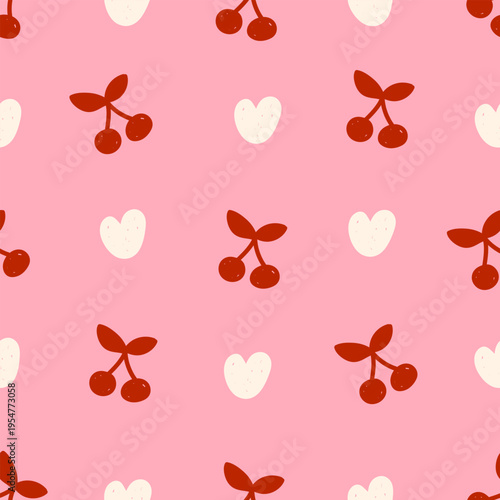 Cute seamless pattern of  white hand drawn romantic hearts and red cherry on a pink background. Vector illustration