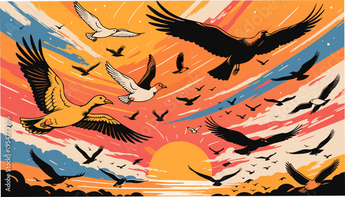 Artistic Vector Rendering of Diverse Birds Migrating in a Vibrant Sunset Sky