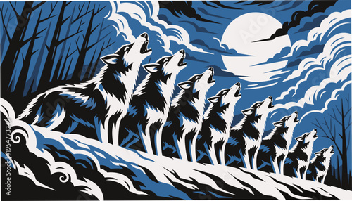 Bold Vector Composition of a Pack of Wolves Howling Under the Moonlit Night Sky
