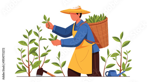 Tea Plantation Harvest: A dedicated tea leaf farmer meticulously tends to his crop, skillfully gathering fresh leaves from thriving bushes in a picturesque plantation, ensuring quality and tradition.