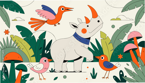 Cute cartoon safari creatures set featuring a rhino and birds in a playful jungle scene