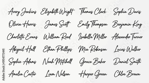 Collection of handwritten signatures in cursive script on a light wall, showcasing autograph style typography and signature design elements.