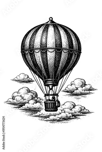 Vintage Engraved Hot Air Balloon Flying Through Clouds - Classic Black & White Woodcut Illustration for Antique Transport, Retro Sky Adventures, Historical Aerial Journey Art, and Decorative Graphics.