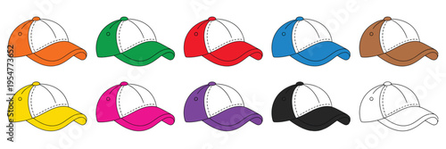 Vector illustration of cap set in different colors on transparent background, flat and editable designs for fashion, apparel, and casual accessory projects.