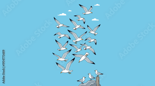 Aerial flock of white birds in flight across a bright blue sky, forming a graceful vertical pattern.