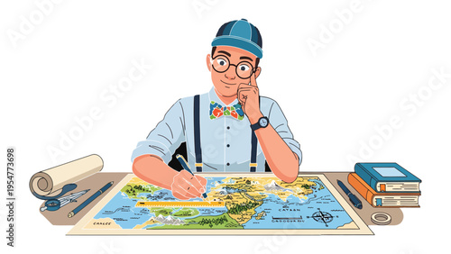 Mapping Dreams: An explorer meticulously studies a world map, envisioning new adventures and charting uncharted territories.