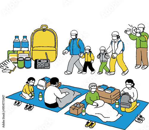 避難所に避難する人物イラストセット