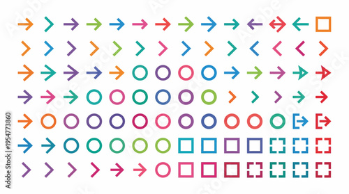 Colorful geometric icon set featuring arrows, circles, squares and polygons arranged in a vibrant grid pattern for UI design and dashboards