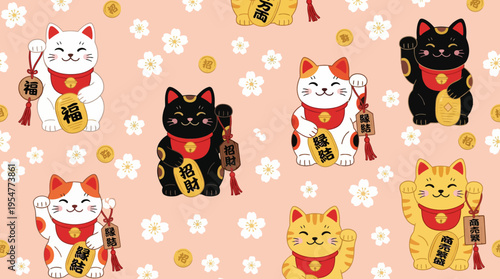 Pattern of Maneki-neko lucky cats in multiple colors with cherry blossom flowers on a soft pink background, decorative Japanese fortune cat design for textiles