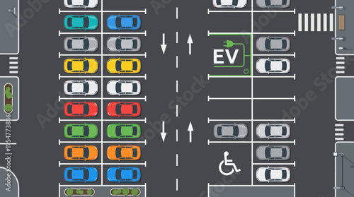An aerial top-view of a busy parking lot with colorful cars, clear parking spaces, and accessible and EV charging areas