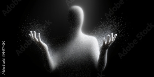 Mysterious human silhouette with particles of light, symbolizing an ethereal presence, against a dark backdrop. The figure is facing the viewer with open arms, and a sense of wonder is created