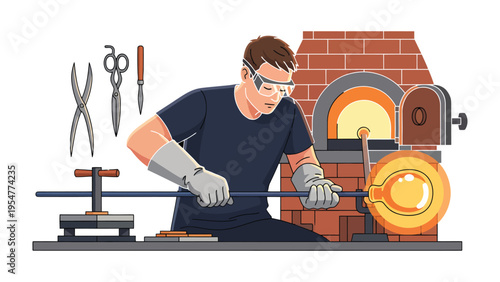 Glassblowing Mastery: A skilled artisan, clad in protective gear, meticulously shapes molten glass with expert precision in a vibrant workshop setting. 