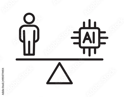 Human and AI Chip Balance Line Icon. Workforce Equality Outline Vector