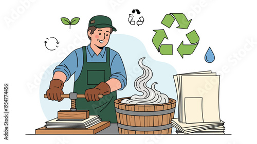 Revitalizing Resources: A dedicated artisan skillfully crafts paper using recycled materials.