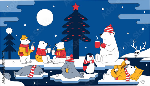 A Whimsical Gathering of Arctic Animals Such as Polar Bears and Penguins Enjoying Winter Festivities