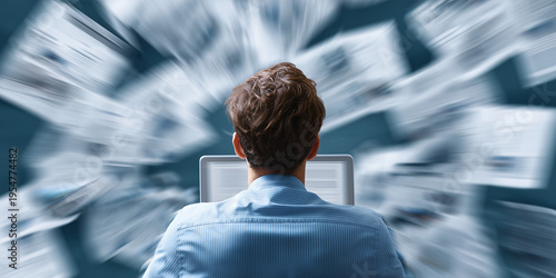 Overwhelmed worker surrounded by documents, stressed at work. A person working on the computer, surrounded by documents. The image conveys the feeling of being overwhelmed