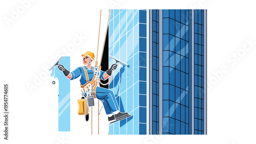 Sky-High Window Washer: A courageous window cleaner is suspended high above the city, diligently washing the skyscraper's windows.