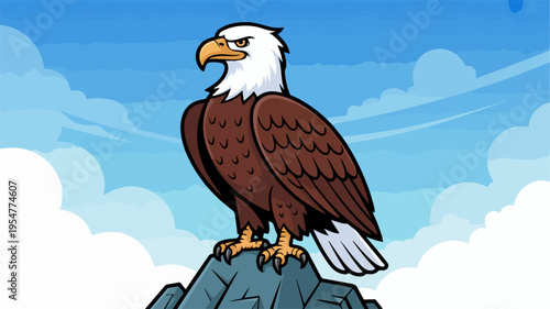 Majestic american bald eagle perched on rocky outcrop under blue sky with white clouds