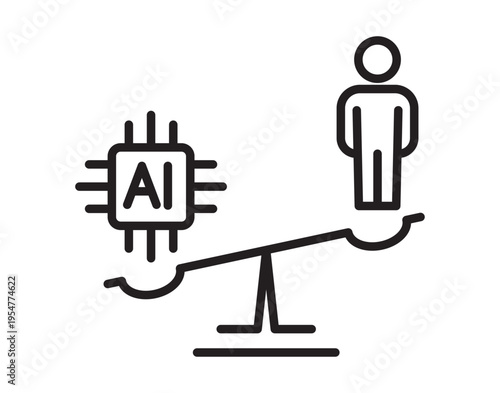 AI Chip and Human Balance Line Icon. Workforce Comparison Outline Vector
