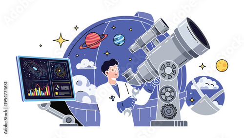 Stargazer's Gaze: A dedicated scientist delves into the cosmos, expertly using advanced technology to observe and understand the wonders of the universe.