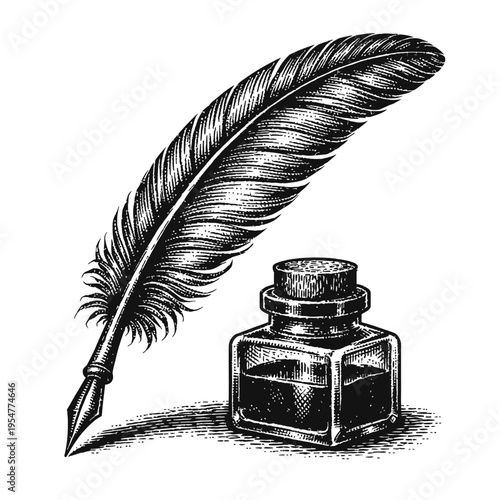 Vintage Hand-Drawn Engraving of a Classic Feather Quill Pen and Elegant Glass Inkwell with Dark Ink, Symbolizing Historical Writing, Calligraphy, Literature, and Timeless Communication. Perfect for Ed
