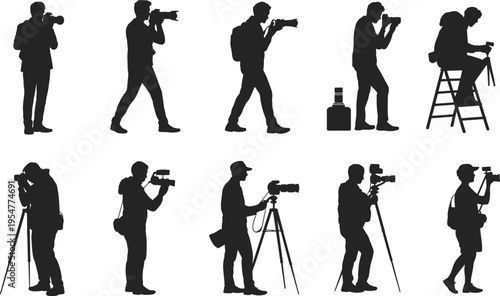 Black silhouette collection of professional photographers and videographers using cameras and tripods isolated on white background for media industry design.