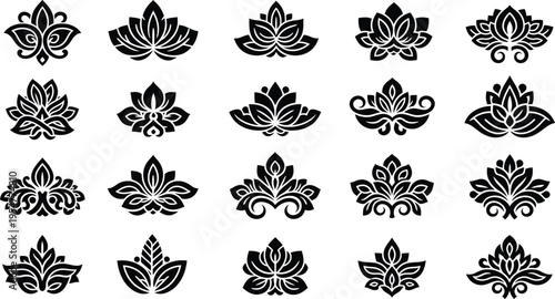 Collection of black and white tropical flower and symbols hibiscus plumeria