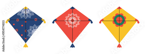 Colorful kites set, vibrant flat designs perfect for outdoor, festival, and recreational activity-themed projects.