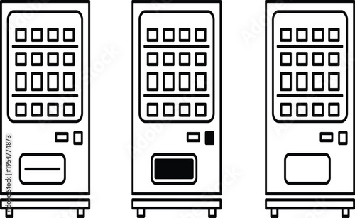 Vending machine outline icon set with snack selection panels and payment interface, automated retail dispenser vector illustration isolated for kiosk service and self service concept